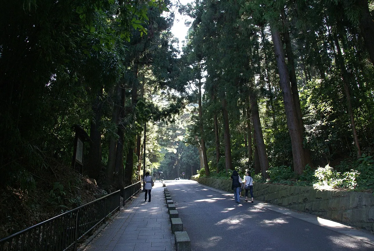 The tree-lined approach road to Zuihoden in Sendai, photographed in daylight in 2007.